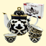Juego de té Pakhta Gul, 7 piezas, 1 tetera (0,9 l) + 6 cuencos, blanco-azul-dorado, Uzbekistán
